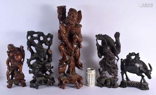 FIVE LARGE 19TH CENTURY CHINESE CARVED HARDWOOD FIGURES Qing...