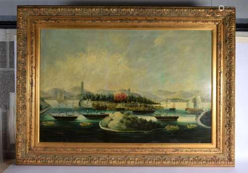 Chinese School (20th Century) Oil on canvas, Chinese harbour...