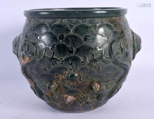 A LARGE CHINESE CARVED GREEN JADE BULBOUS CENSER 20th Centur...