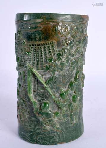 A CHINESE CARVED JADE BRUSH POT 20th Century. 13 cm x 7 cm.