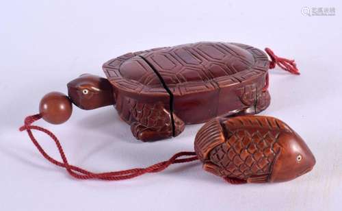 A JAPANESE CARVED BOXWOOD TURTLE INRO with netsuke. Inro 8 c...