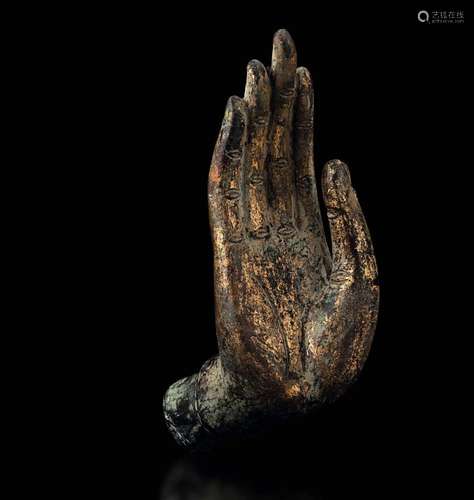 A partly gilt bronze hand, Thailand, 1700s