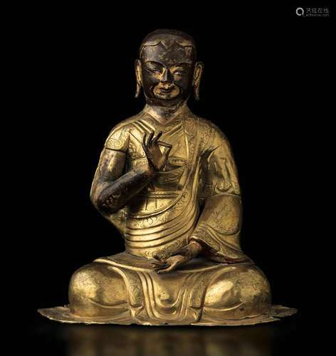 A partly gilt copper monk, Tibet, 1700s