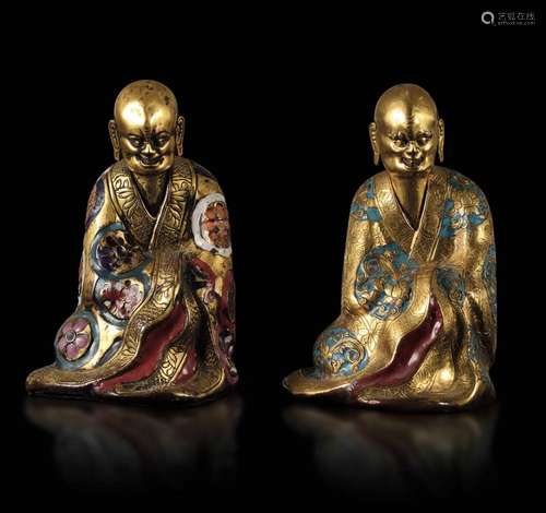 Two gilt bronze and enamel wisemen, China