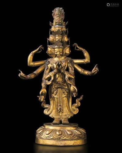 A gilt bronze Ekadasamukha-Avalokitesvara, Tibet, 1700s