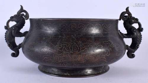 A CHINESE TWIN HANDLED SILVER INLAID BRONZE CENSER 20th Cent...