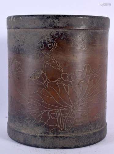 A CHINESE CYLINDRICAL BRONZE BRUSH POT 20th Century. 11 cm x...