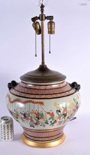 A LARGE 19TH CENTURY CHINESE WUCAI PORCELAIN BULBOUS LAMP pa...