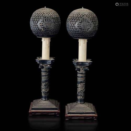 Two silver candle holders and spheres, China Qing Dynasty, 1...