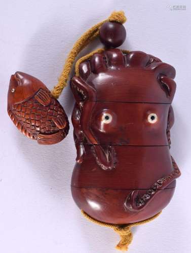 A JAPANESE CARVED BOXWOOD OCTOPUS INRO with netsuke. Inro 10...