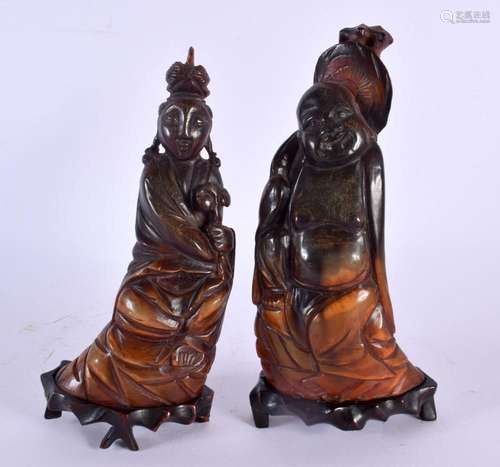 A PAIR OF 19TH CENTURY CHINESE CARVED BUFFALO HORN FIGURES Q...