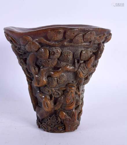 A CHINESE CARVED BUFFALO HORN TYPE LIBATION CUP 20th Century...