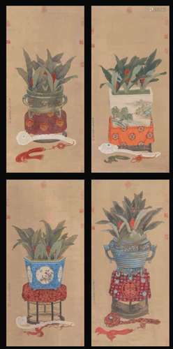 Four paintings on silk, China, Qing Dynasty