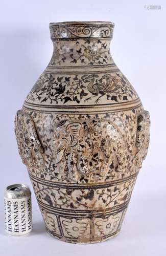 A LARGE EARLY THAI IRON BROWN DECORATED STONEWARE BULBOUS VA...