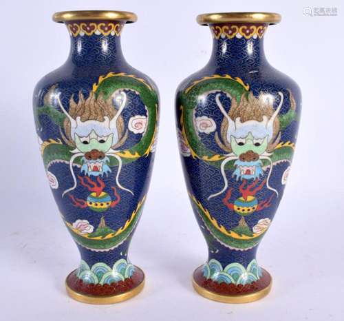 A PAIR OF CHINESE REPUBLICAN PERIOD CLOISONNE ENAMEL VASES. ...