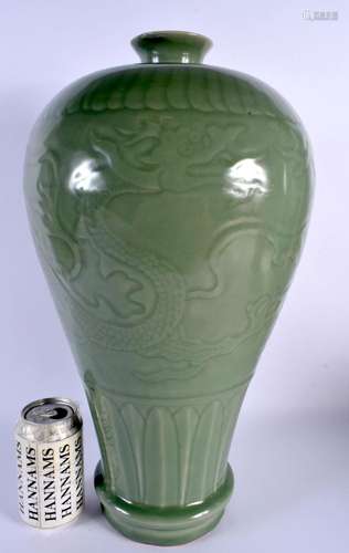 A LARGE CHINESE QING DYNASTY CELADON STONEWARE VASE decorate...