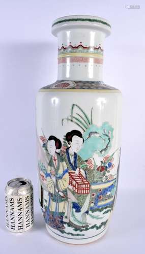 A LARGE CHINESE FAMILLE VERTE PORCELAIN ROULEAU VASE probabl...