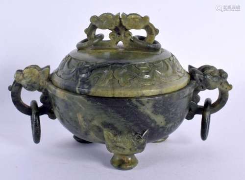 AN EARLY 20TH CENTURY CHINESE CARVED SOAPSTONE CENSER AND CO...