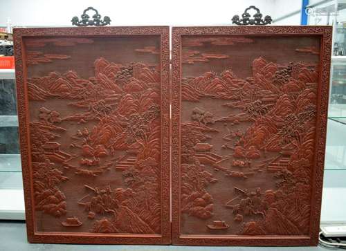 A LARGE PAIR OF EARLY 20TH CENTURY CHINESE CARVED CINNABAR L...