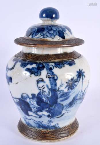 A 19TH CENTURY CHINESE BLUE AND WHITE CRACKLE GLAZED VASE AN...