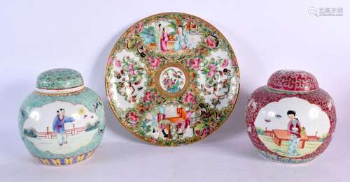 A 19TH CENTURY CHINESE CANTON FAMILLE ROSE PLATE together wi...