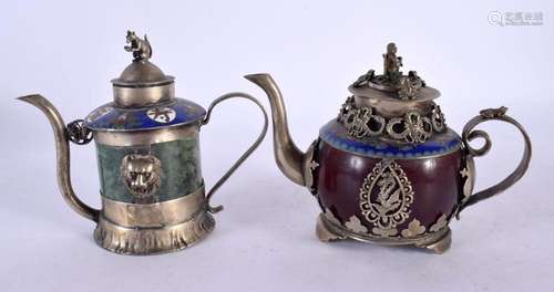 TWO CHINESE REPUBLICAN PERIOD WHITE METAL AND HARDSTONE TEAP...