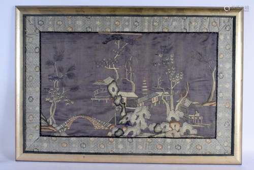 A LATE 19TH CENTURY CHINESE PURPLE GROUND SILK WORK PANEL Qi...