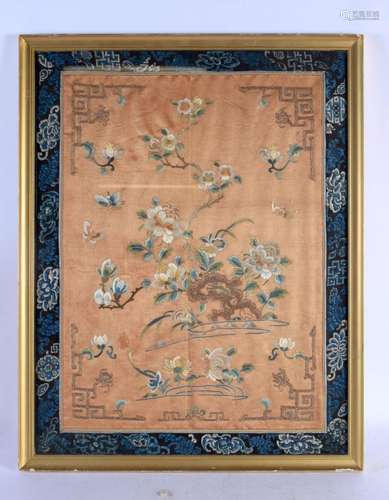 A LATE 19TH CENTURY CHINESE FRAMED SILKWORK ORANGE FLOWER PA...