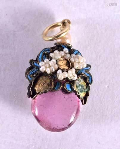 A 19TH CENTURY CHINESE KING FISHER FEATHER PINK QUARTZ PENDA...