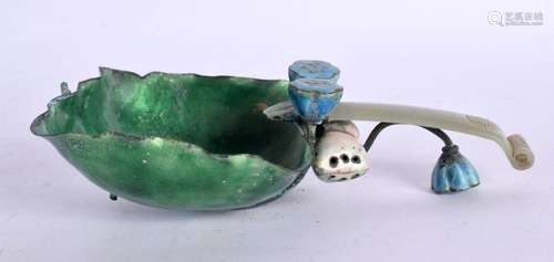 AN EARLY 20TH CENTURY CHINESE JADE HANDLED ENAMEL LIBATION C...