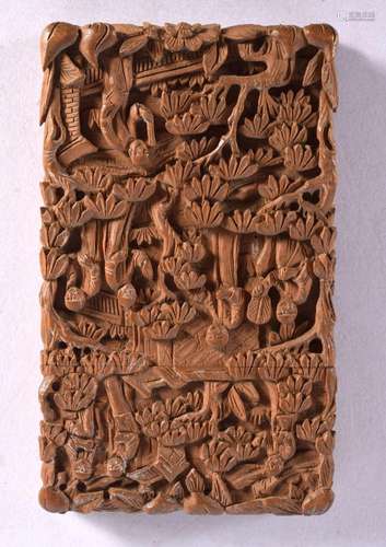 A 19TH CENTURY CHINESE CARVED SANDALWOOD CARD CASE AND COVER...