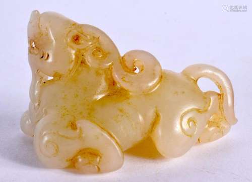 A CHINESE CARVED GREENISH WHITE JADE BEAST 20th Century. 3.7...