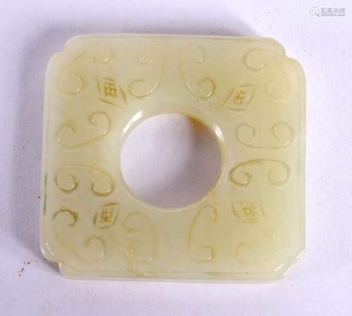 A 19TH CENTURY CHINESE CARVED GREEN JADE SQUARE DISC Qing. 5...