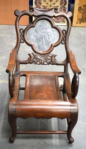 A 19TH CENTURY CHINESE HARDWOOD AND MARBLE MOON GAZING CHAIR...