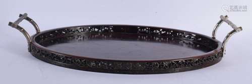 A 19TH CENTURY CHINESE EXPORT SILVER MOUNTED WOODEN TRAY Qin...