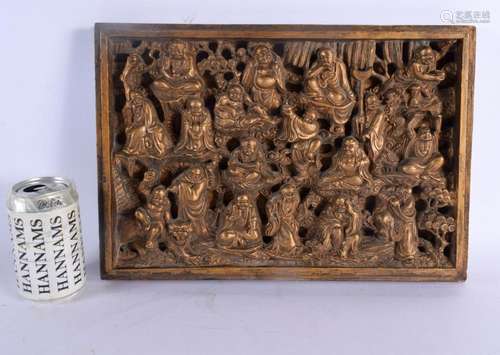 A MID 19TH CENTURY CHINESE GILTWOOD TEMPLE PANEL depicting f...