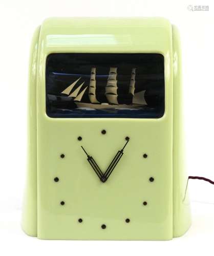 Vitascope, Art Deco green Bakelite clock with diorama ship A...
