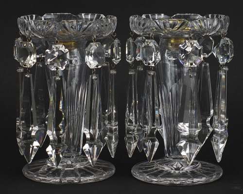 Pair of William IV cut glass lustres with drops, each 15.5cm...