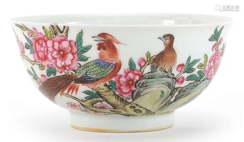 Chinese porcelain bowl hand painted in the famille rose pale...