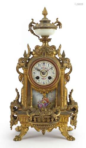 French gilt metal mantle clock with enamelled dial and Sevre...
