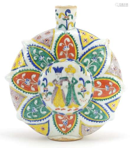 Turkish Kutahya pottery water flask hand painted with figure...