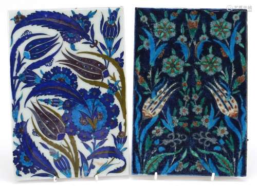 Pair of Turkish Iznik pottery tiles hand painted with flower...