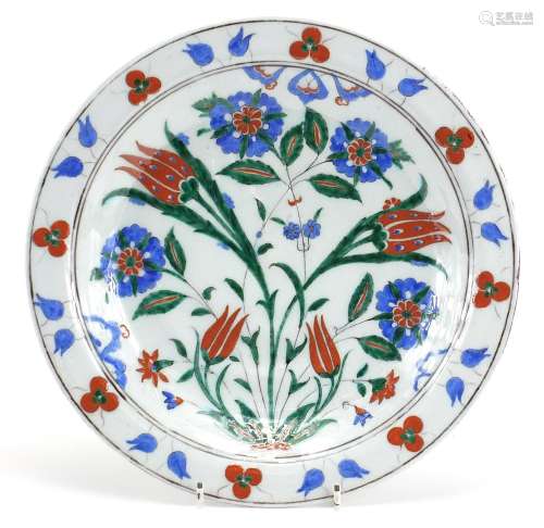 Turkish Iznik pottery shallow dish hand painted with flowers...