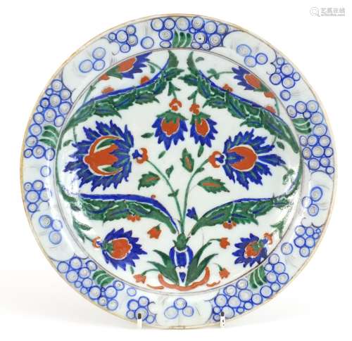 Turkish Iznik pottery shallow dish hand painted with flowers...