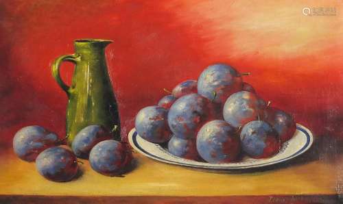 Still life fruit and vessels, Belgian school oil on canvas, ...