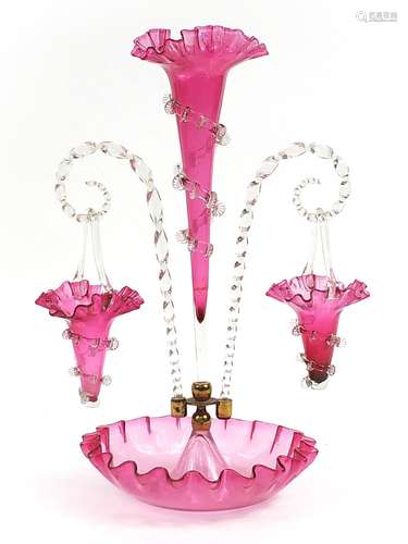 Victorian cranberry glass epergne centerpiece with two hangi...