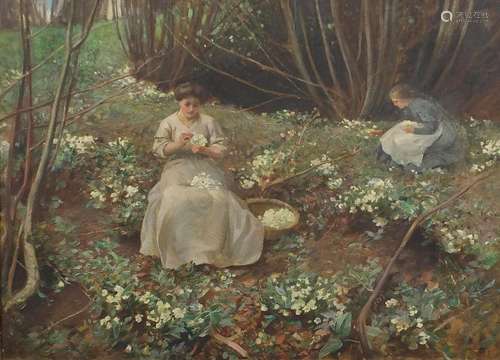 Harry Watson 1907 - Two females picking flowers before woodl...