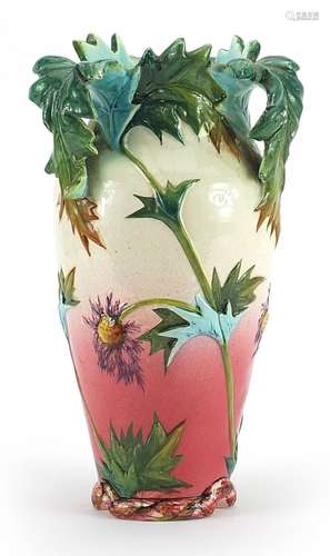 Delphin Massier, French Vallauris three handled vase hand pa...