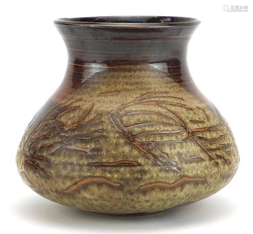 Martin Brothers stoneware vase hand painted with stylised fi...
