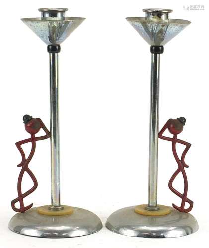 Pair of Art Deco partially painted chrome candlesticks in th...
